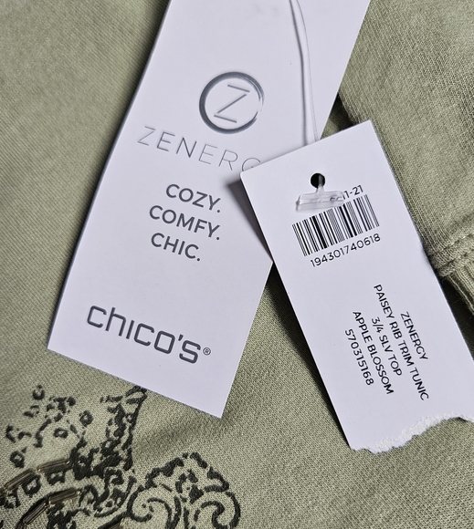 Chico's Zenergy Beaded Paisley Rib-Trim Olive Tunic Size 4/6 - Picture 9 of 9